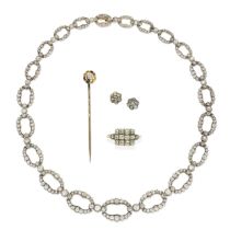 DIAMOND NECKLACE, EARSTUDS, RING AND STICKPIN, (4)