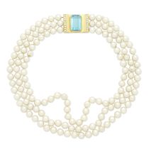 BLUE TOPAZ, DIAMOND AND CULTURED PEARL NECKLACE