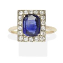 SAPPHIRE AND DIAMOND PLAQUE RING,