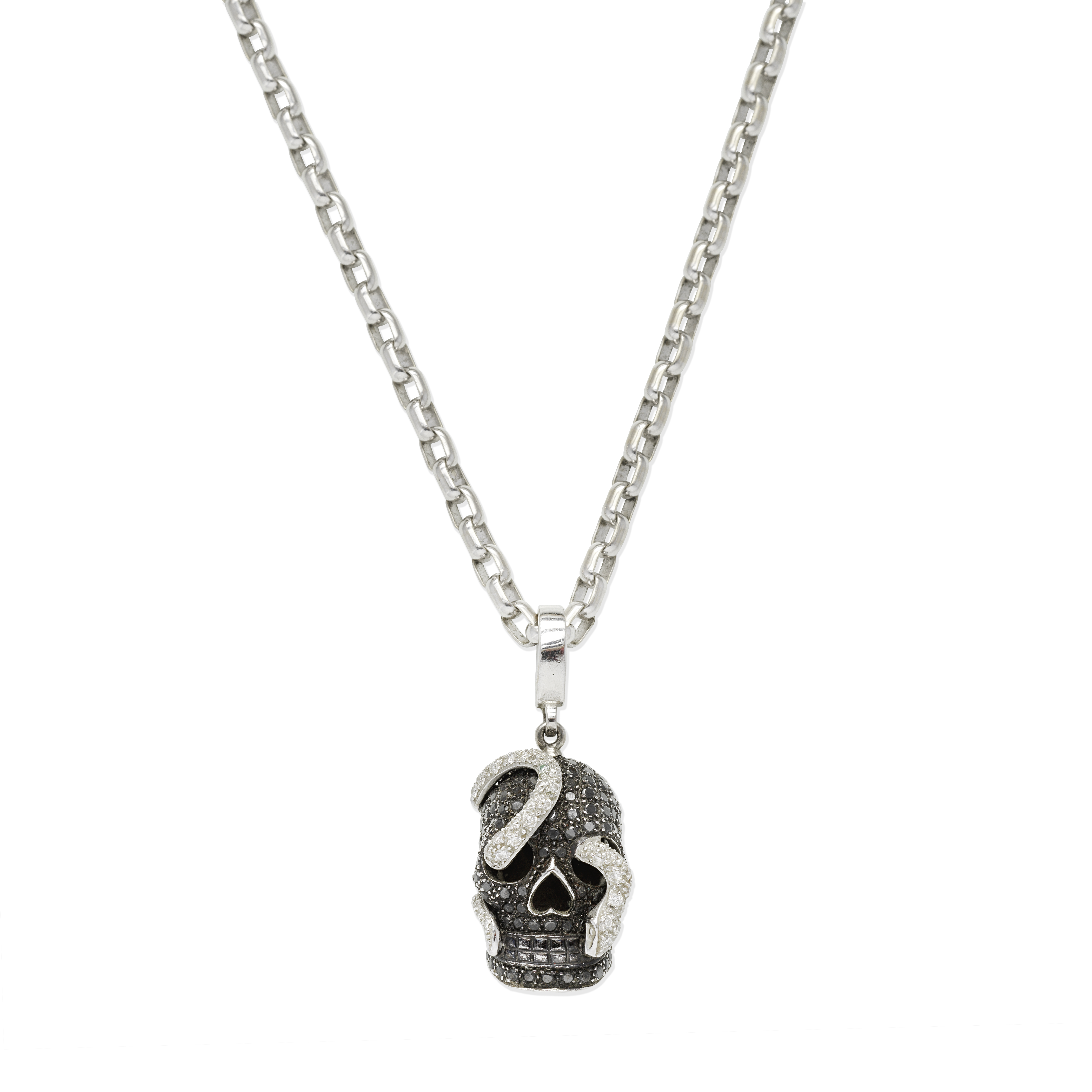 THEO FENNELL: BLACK DIAMOND AND DIAMOND SKULL PENDANT NECKLACE