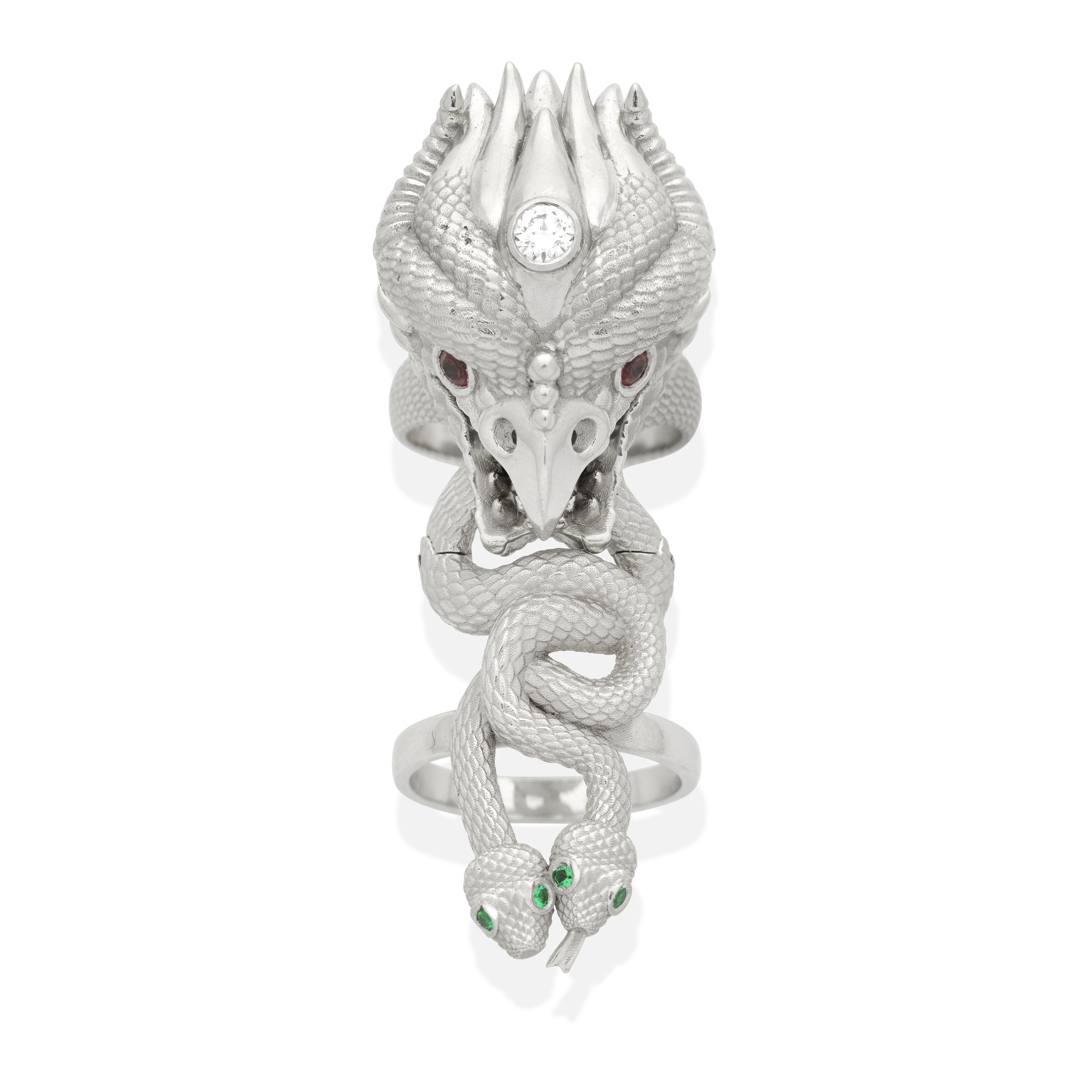 DIAMOND, EMERALD AND RUBY-SET PHOENIX AND SNAKE RING