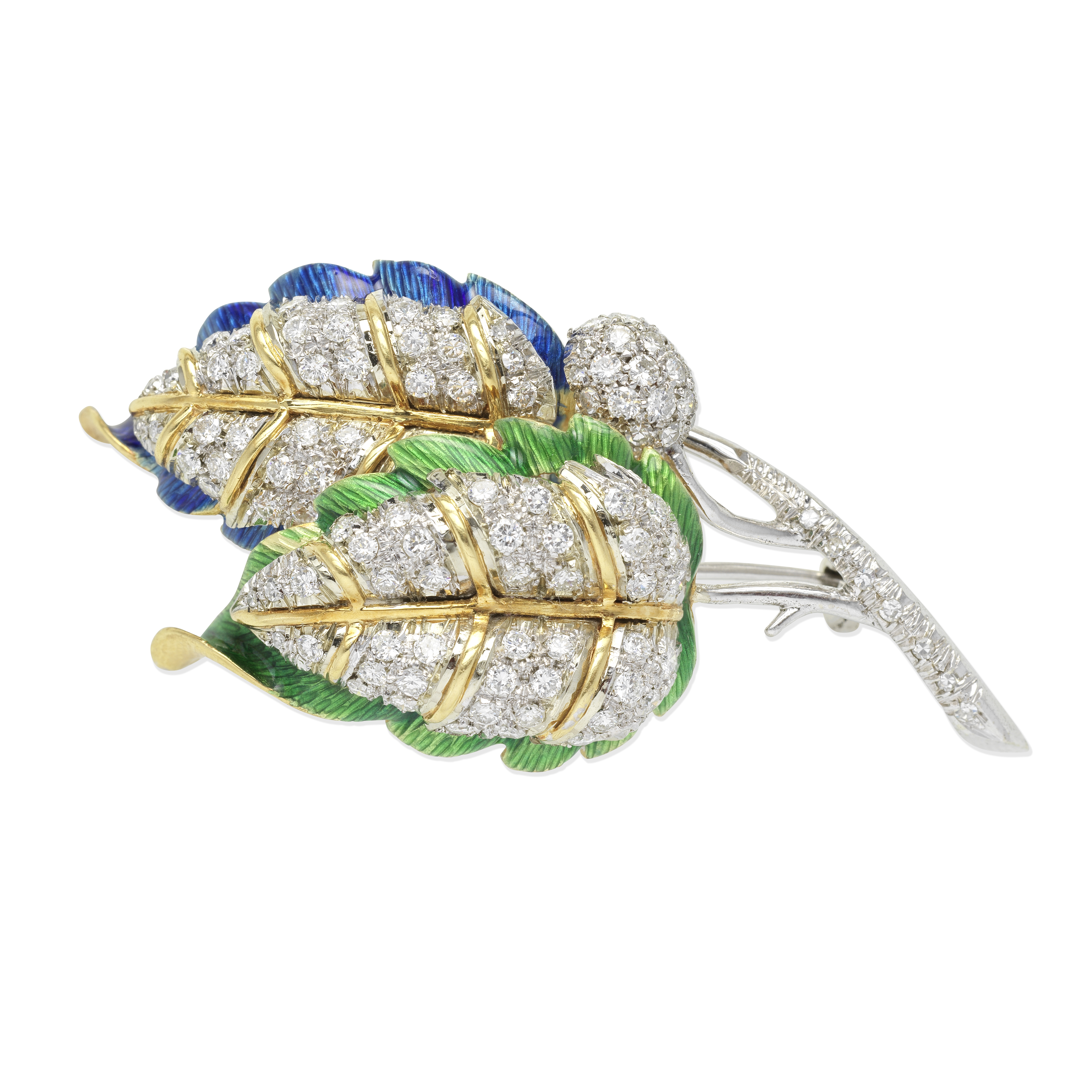 DIAMOND AND ENAMEL LEAF BROOCH