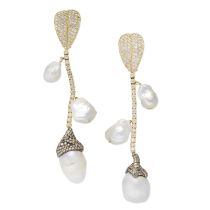 ANDRE MARCHA: CULTURED PEARL AND DIAMOND PENDENT EARCLIPS