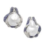 ANDRE MARCHA: CULTURED PEARL, SAPPHIRE AND DIAMOND EARCLIPS