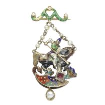 NEO-RENAISSANCE ENAMEL AND GEM-SET PENDENT BROOCH,