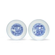 TWO BLUE AND WHITE 'BOY AND CARP' DISHES Xuande and Chenghua six-character marks, Kangxi (2)