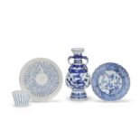 A BLUE AND WHITE 'RED CLIFF' 'CALLIGRAPHY' CUP AND A SAUCER, A BLUE AND WHITE 'DRAGON AND PHOENI...