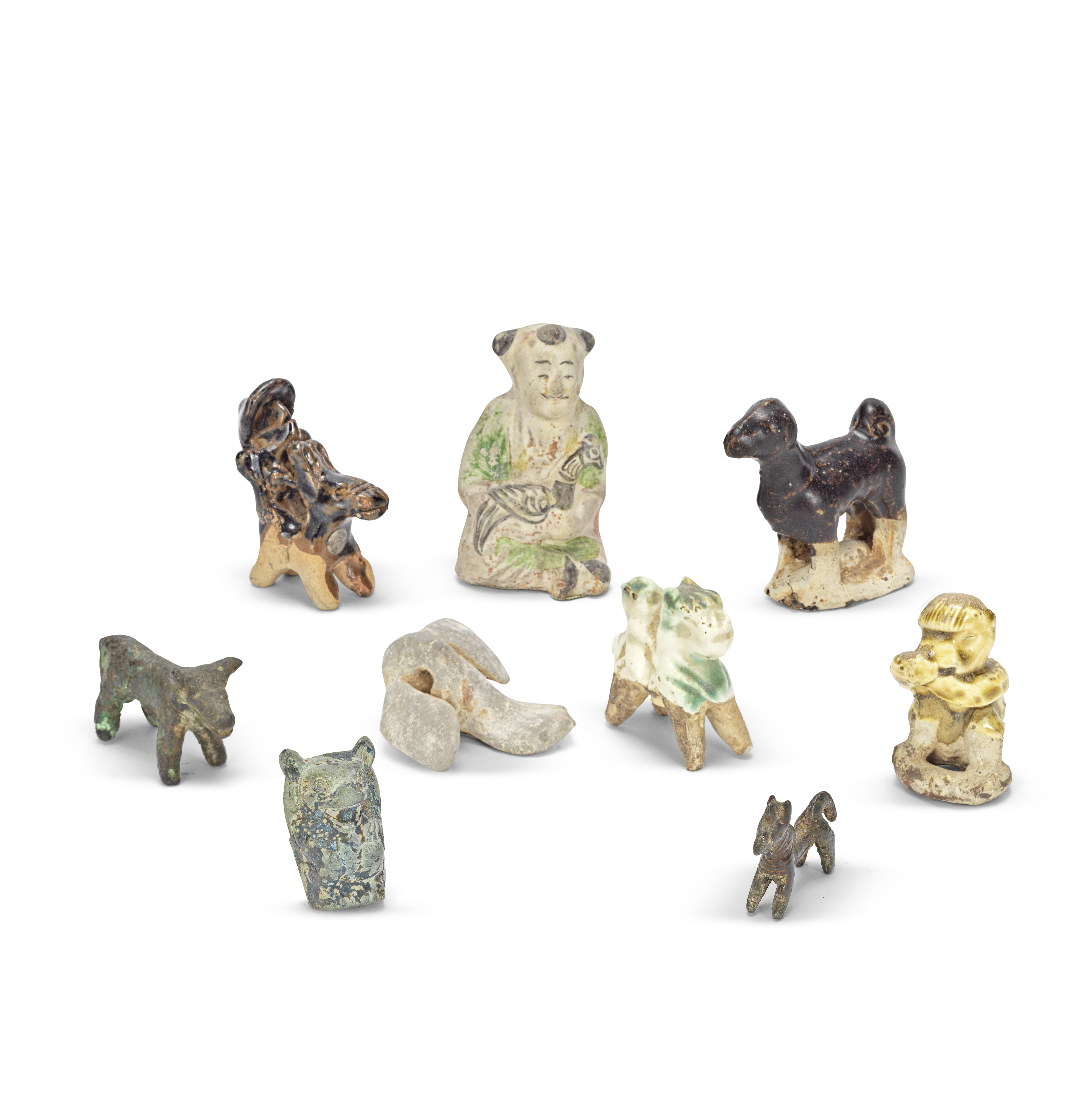 A GROUP OF SIX POTTERY FIGURES AND THREE BRONZE ANIMALS Han Dynasty and later (9)