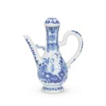 A RARE BLUE AND WHITE 'EUROPEAN SUBJECT' EWER AND COVER 17th century (2)
