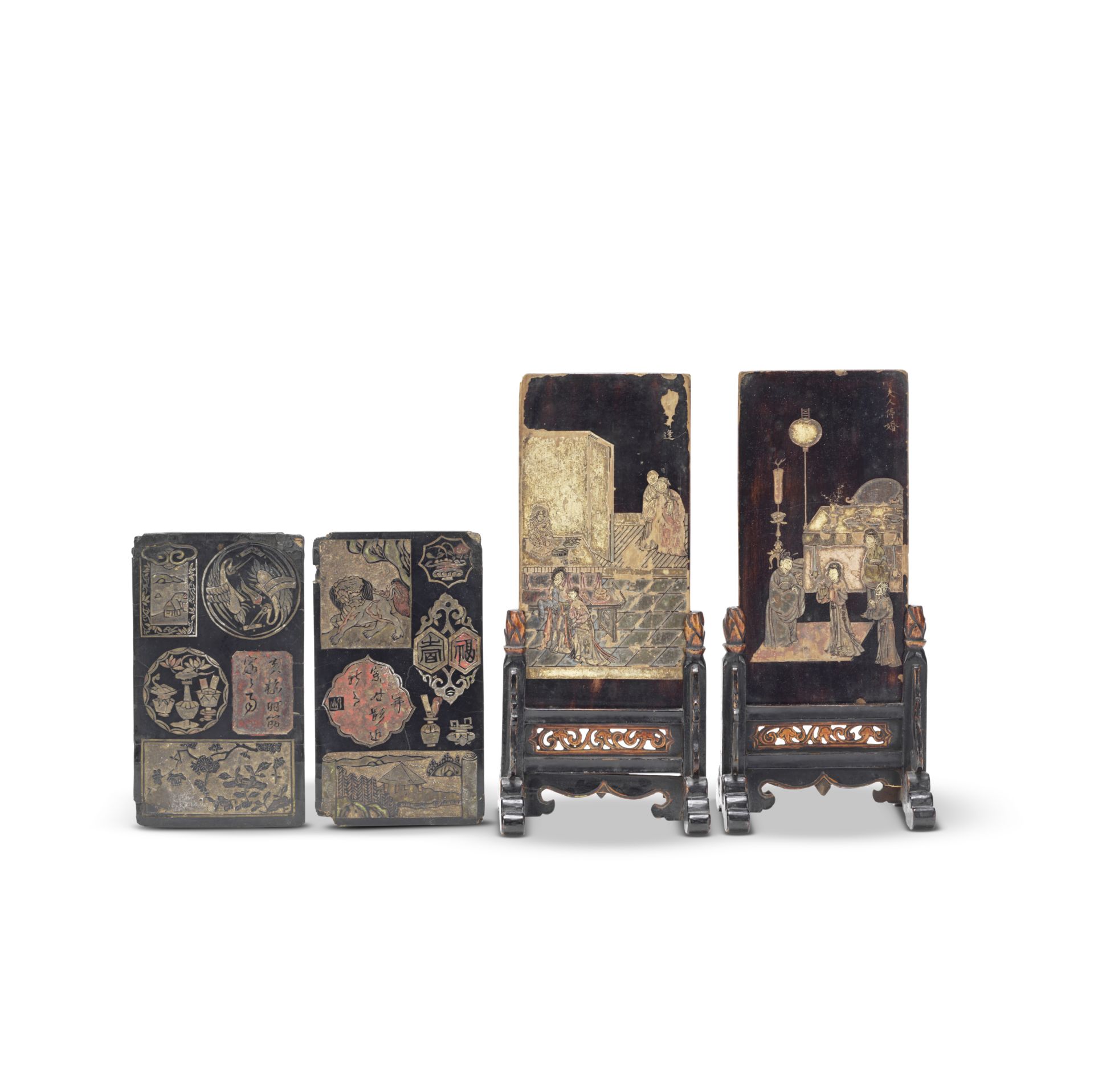 TWO PAIRS OF COROMANDEL LACQUER DOUBLE-SIDED PANELS, ONE PAIR MOUNTED AS TABLE SCREENS Kangxi