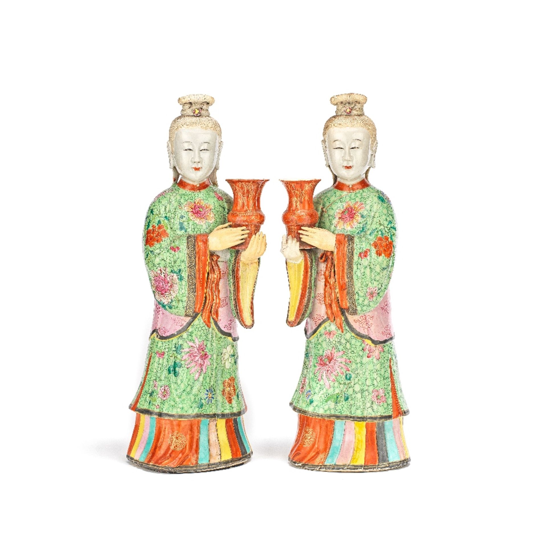 A PAIR OF FAMILLE ROSE 'STANDING LADIES' CANDLE HOLDERS 18th century (2)