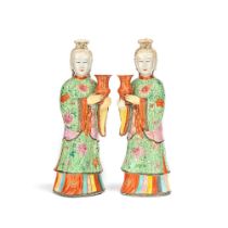 A PAIR OF FAMILLE ROSE 'STANDING LADIES' CANDLE HOLDERS 18th century (2)