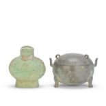 A MINATURE BRONZE DING AND COVER AND A MINIATURE GILT BRONZE BIANHU AND COVER Han Dynasty (3)