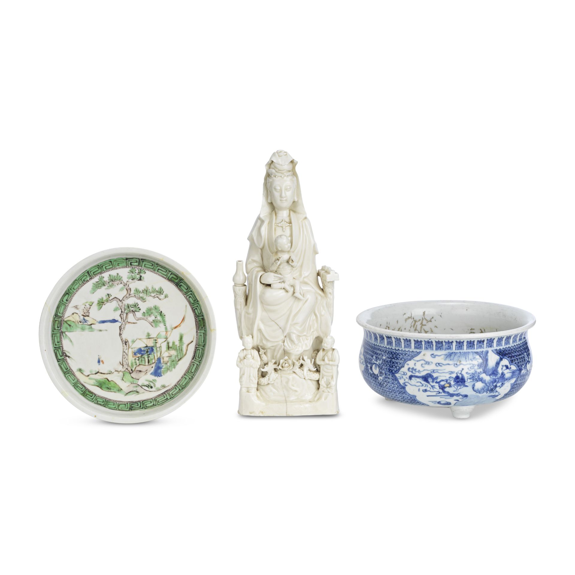 A POLYCHROME ENAMELLED BLANC-DE-CHINE TRAY, AN UNDERGLAZE BLUE-DECORATED BLANC-DE-CHINE INCENSE ...