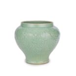 A CARVED LONGQUAN CELADON-GLAZED 'LOTUS SCROLL' JAR, GUAN Yuan Dynasty