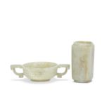 A PALE GREEN JADE CONG AND A DOUBLE HANDLED CUP Ming Dynasty (2)