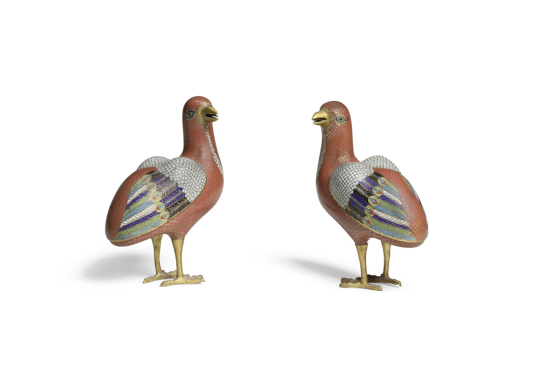 A PAIR OF CLOISONN&#201; ENAMEL 'QUAILS' INCENSE BURNERS AND COVERS Qianlong (2)