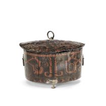 AN EXCEPTIONALLY RARE BRONZE-MOUNTED BLACK AND RED PAINTED LACQUERED WOOD COSMETIC BOX AND COVER...