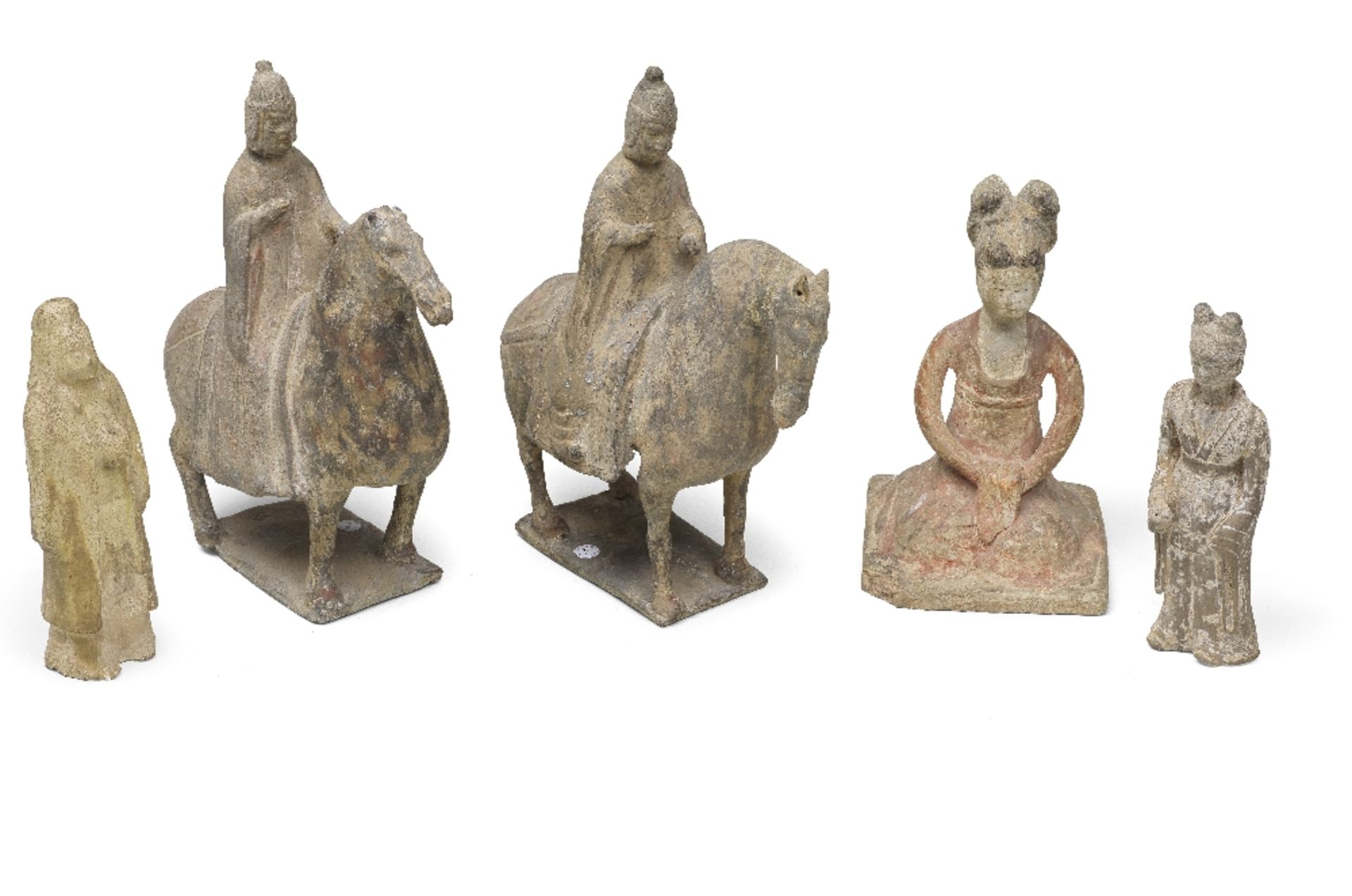 A PAIR OF POTTERY MODELS OF EQUESTRIAN WARRIORS, A POTTERY STANDING FIGURE OF A MALE ATTENDANT, ...