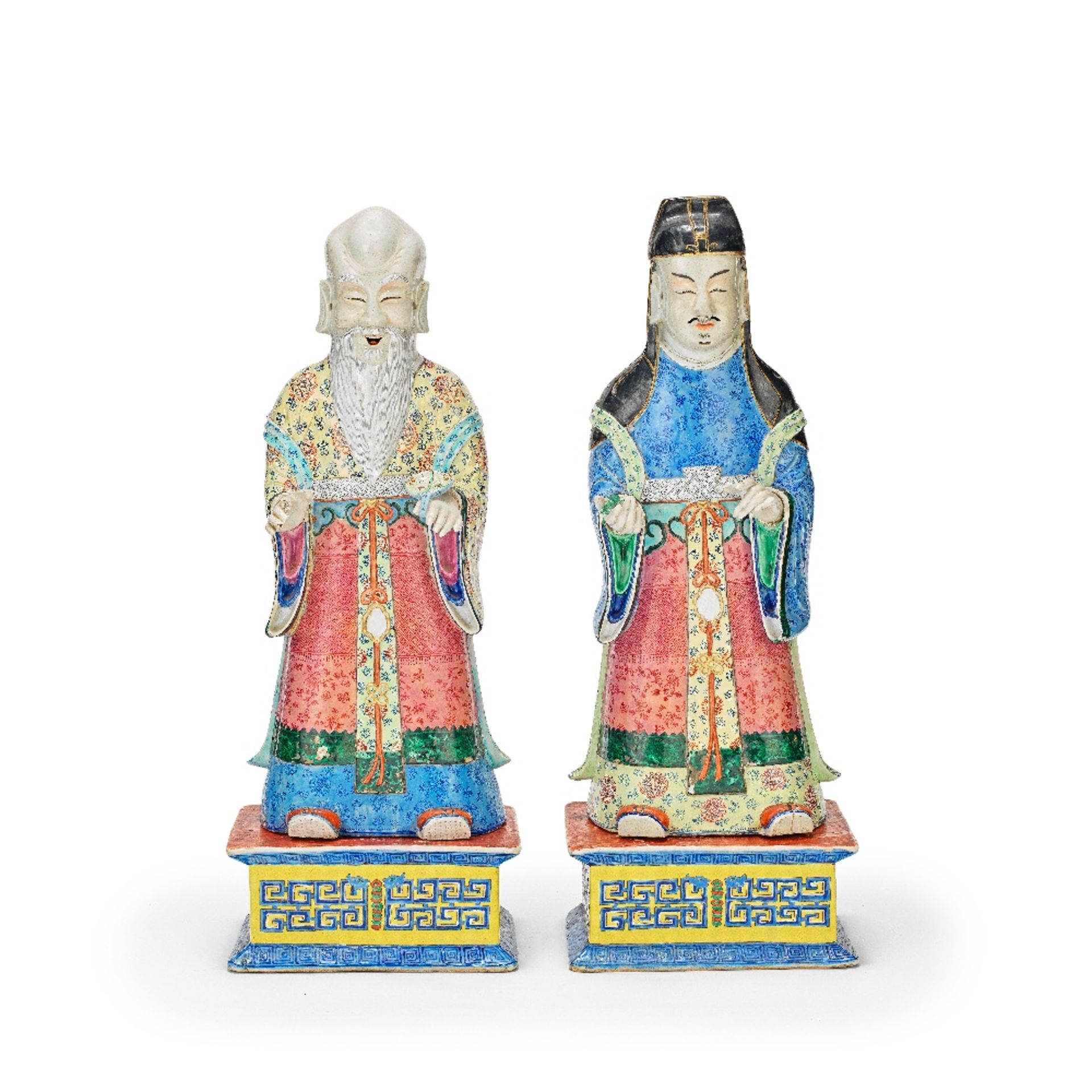 A LARGE PAIR OF FAMILLE ROSE IMMORTALS AND STANDS 19th century (4)
