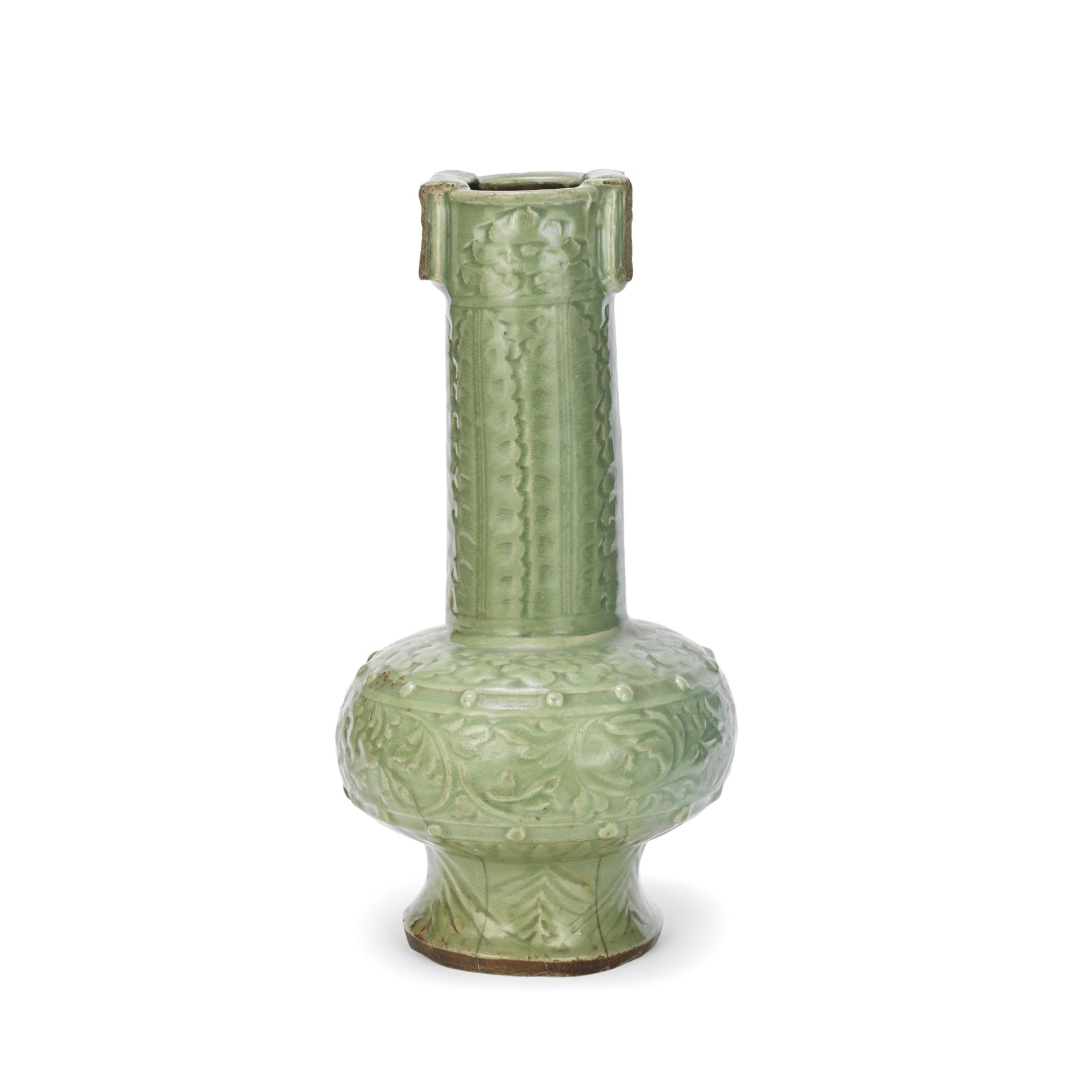 A VERY LARGE CARVED LONGQUAN CELADON ARROW VASE Ming Dynasty