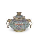 A MINIATURE CLOISONN&#201; ENAMEL AND GILT BRONZE INCENSE BURNER AND COVER 18th century (2)
