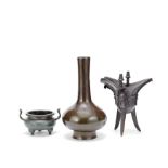 A BRONZE VASE, AN INCENSE BURNER AND A JUE One with Xuande six-character mark, 17th/18th century...
