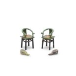 A PAIR OF GREEN AND OCHRE GLAZED MODELS OF HORSESHOE-BACK CHAIRS AND A PAIR OF FAMILLE VERTE BIS...