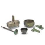 A PAIR OF BRONZE LINCH PINS, A BRONZE LADLE AND THREE BRONZE VESSELS Zhou Dynasty and later (6)