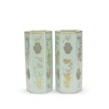 A PAIR OF GILT-DECORATED CELADON-GLAZED HAT STANDS Tongzhi six-character marks and of the period...