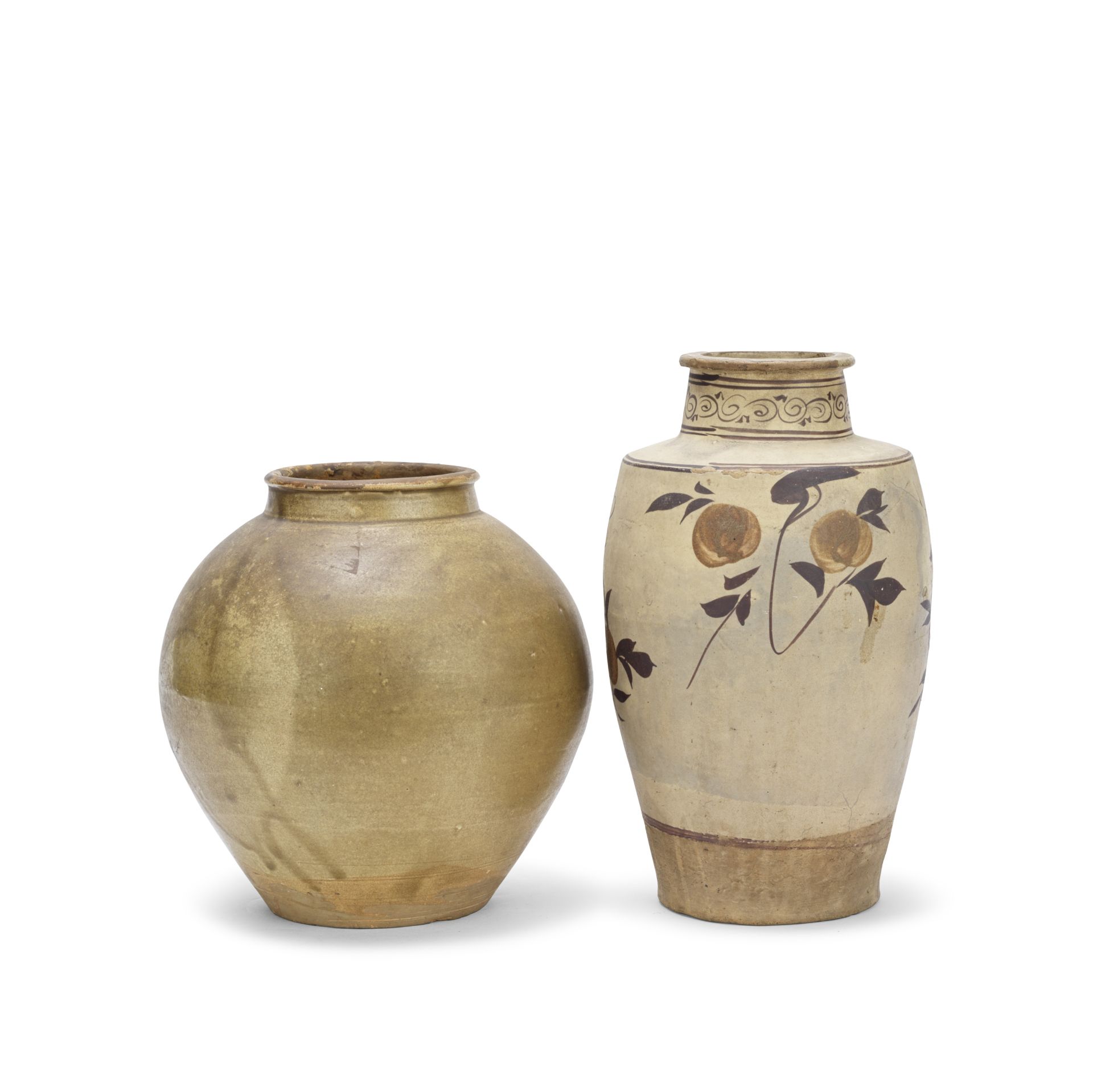 AN OLIVE GREEN-GLAZED JAR AND A SLIP-DECORATED 'PEACH' VASE Tang and Ming Dynasty (2)