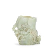 A PALE CELADON JADE 'PINE TRUNK' BRUSHPOT, BITONG 18th/19th century