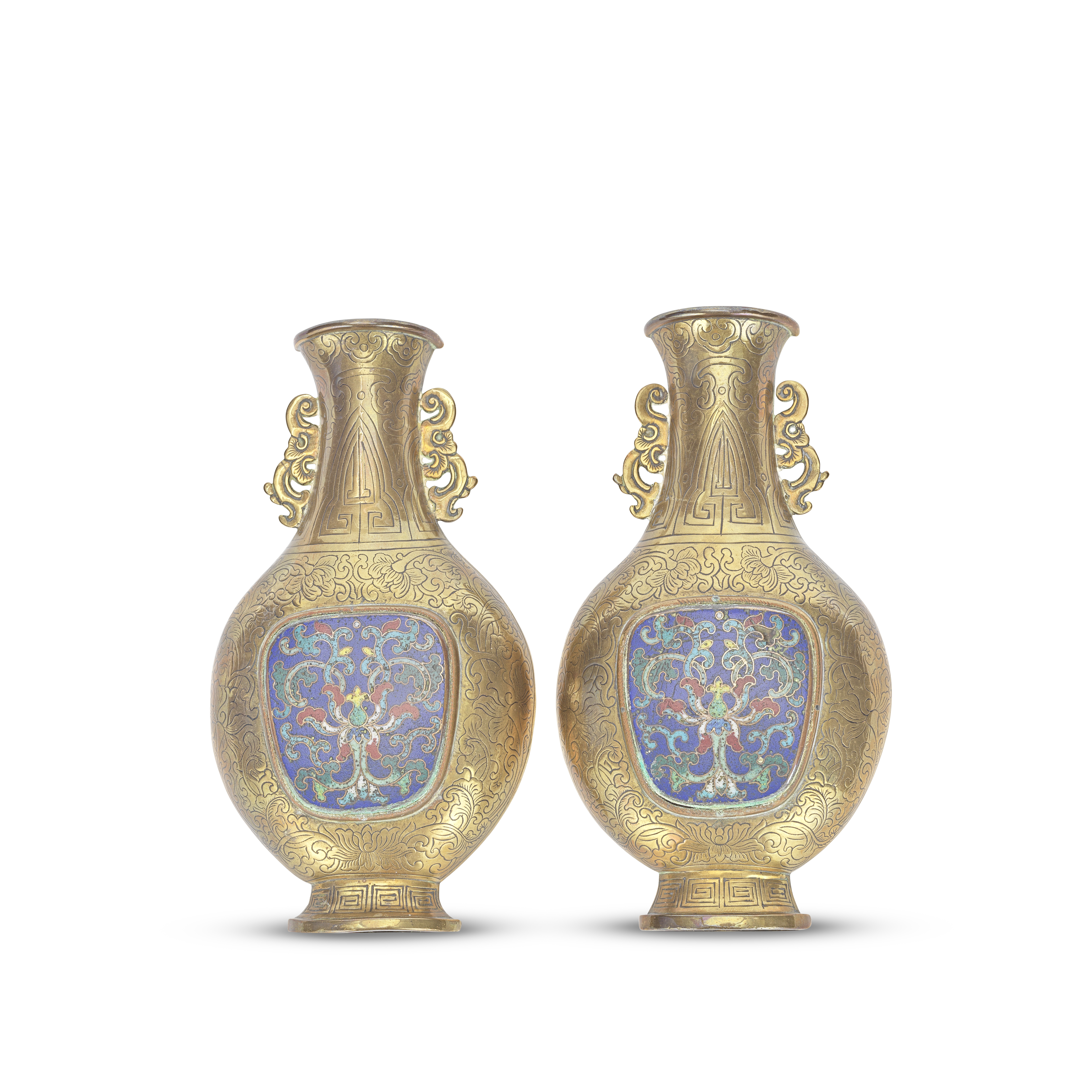 A PAIR OF CLOISONN&#201; ENAMEL-INSET BRONZE WALL VASES 18th century (2)