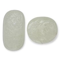 TWO PALE CELADON JADE OVAL PLAQUES Qing Dynasty (2)