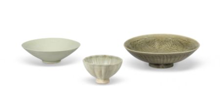 A YAOZHOU INCISED BOWL, A GUAN TYPE LOBED CUP AND A LONGQUAN CONICAL BOWL Song Dynasty (3)