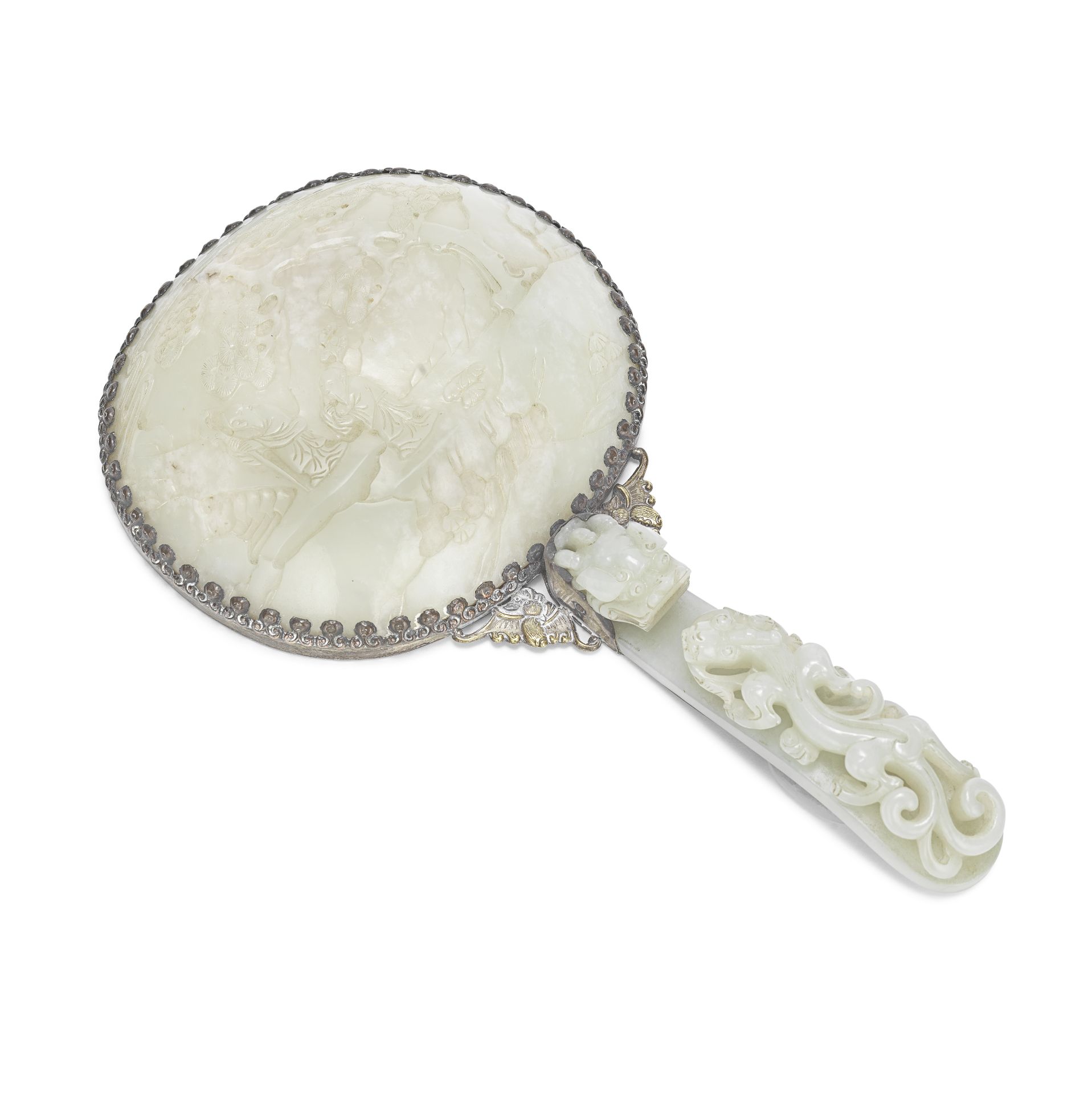 A PALE CELADON JADE BELT HOOK AND OVAL PLAQUE MOUNTED AS A MIRROR 18th/19th century