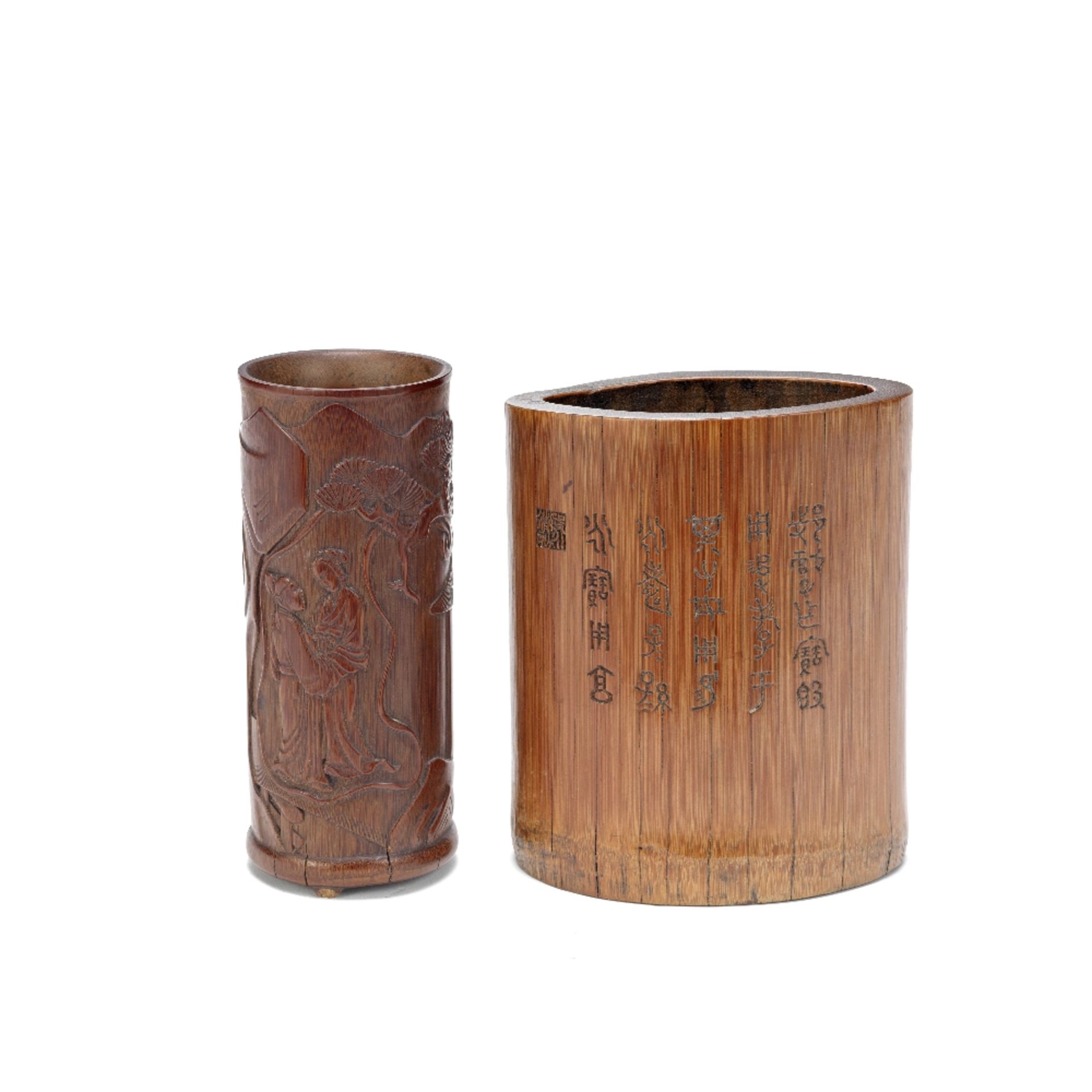 TWO CARVED BAMBOO BRUSH POTS, BITONG 19th century, each signed Yin Yongqing (2)