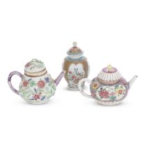 TWO FAMILLE ROSE TEAPOTS AND COVERS AND A TEA CADDY AND COVER Yongzheng (6)