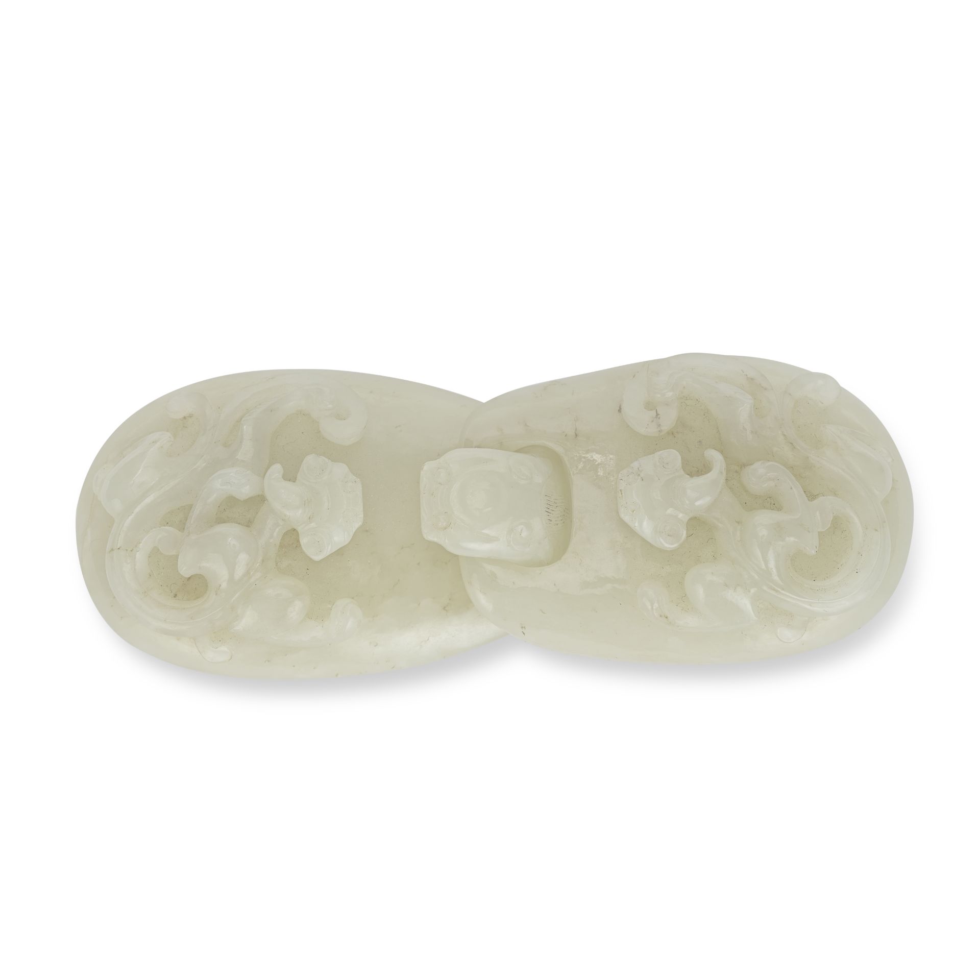 A PALE JADE TWO-PART 'CHILONG' BELT BUCKLE 18th century (2)