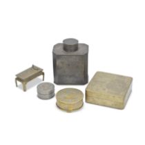 A BRONZE MINIATURE TABLE, A PEWTER TEA CADDY, TWO PEWTER CIRCULAR BOXES AND COVERS AND A LARGE P...