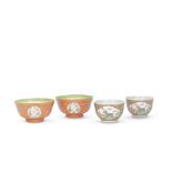 A PAIR OF CORAL-GROUND 'CHANGCHUN TONGQING' BOWLS AND A PAIR OF FAMILLE VERTE 'QILIN' BOWLS Guan...