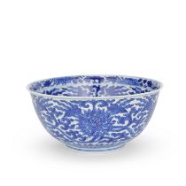 A BLUE AND WHITE 'LOTUS SCROLL' BOWL Kangxi six-character mark and of the period (2)