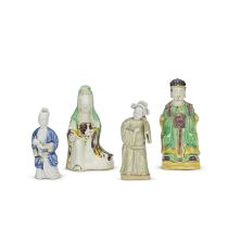 TWO FAMILLE VERTE FIGURES AND TWO GLAZED PORCELAIN FIGURES 17th/18th Century (4)