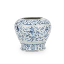 A BLUE AND WHITE 'LOTUS AND BUDDHIST EMBLEMS' JAR, GUAN 15th/16th century