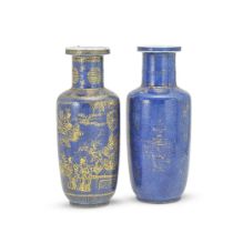 TWO GILT-DECORATED POWDER BLUE ROULEAU VASES Kangxi (4)