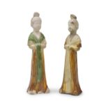 TWO SANCAI-GLAZED POTTERY MODELS OF COURT LADIES Tang Dynasty (2)