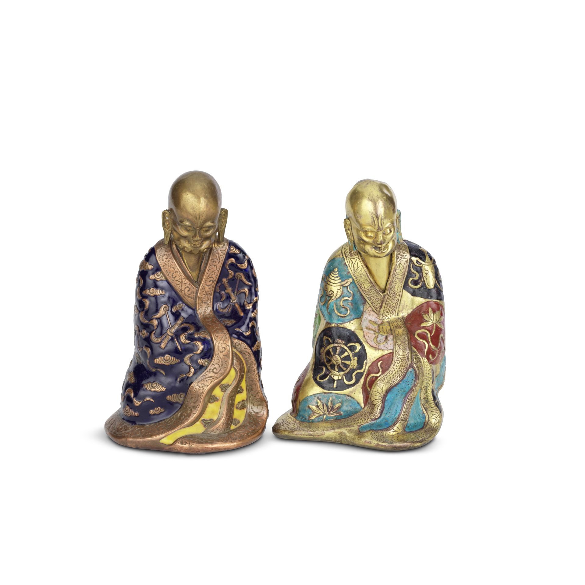 TWO CHAMPLEV&#201; ENAMEL FIGURES OF LUOHAN 18th/19th century (2)