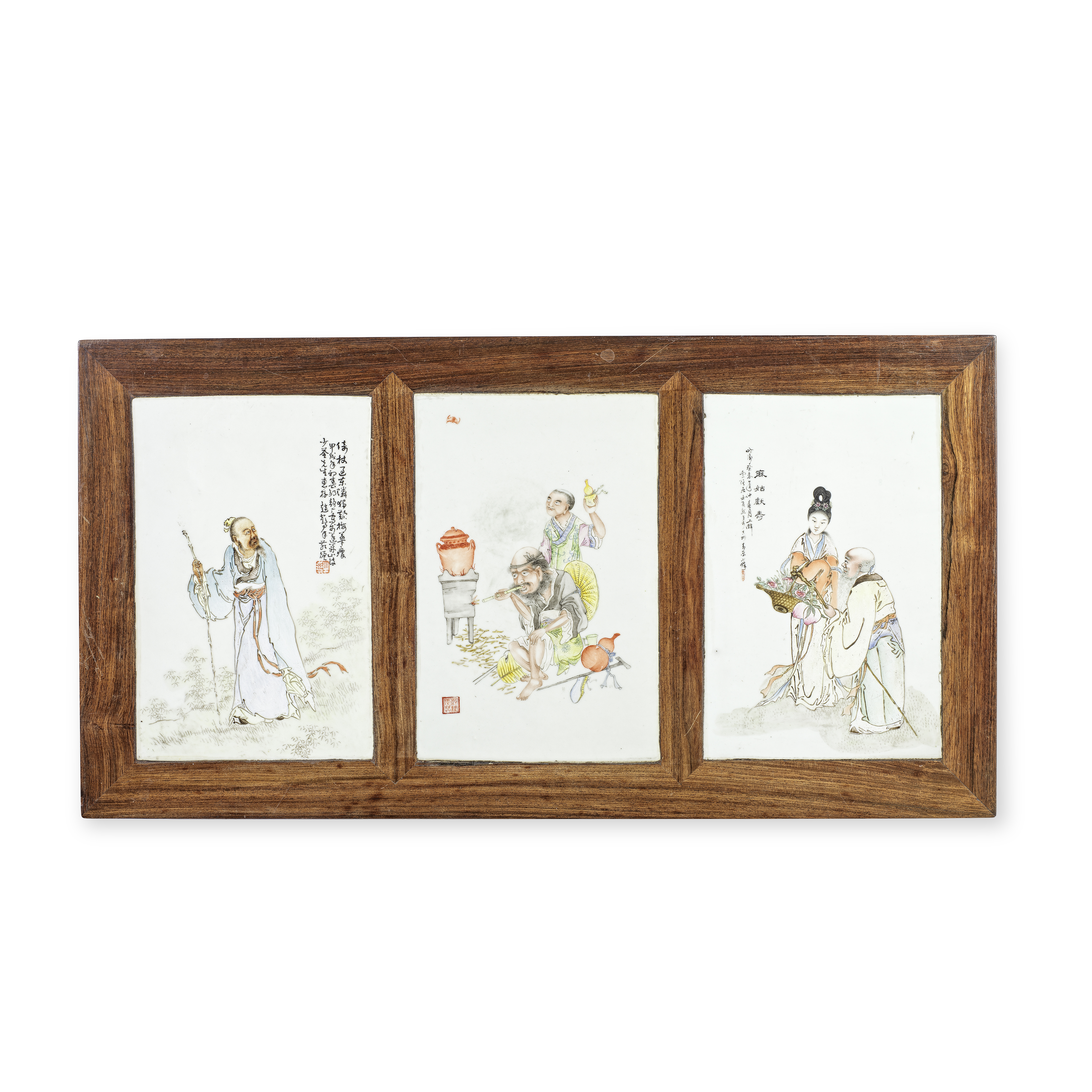 THREE FAMILLE ROSE PORCELAIN PLAQUES MOUNTED AS A LOW TABLE Signed Zou Jingan and Xia Long, cycl...
