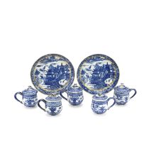 A SET OF FIVE BLUE AND WHITE CUPS AND COVERS AND A PAIR OF BLUE AND WHITE DISHES 18th century (12)