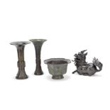 A PAIR OF ARCHAIC STYLE BRONZE VASES, GU; A BRONZE 'QILIN' INCENSE BURNER; AND A BRONZE BASIN Yu...